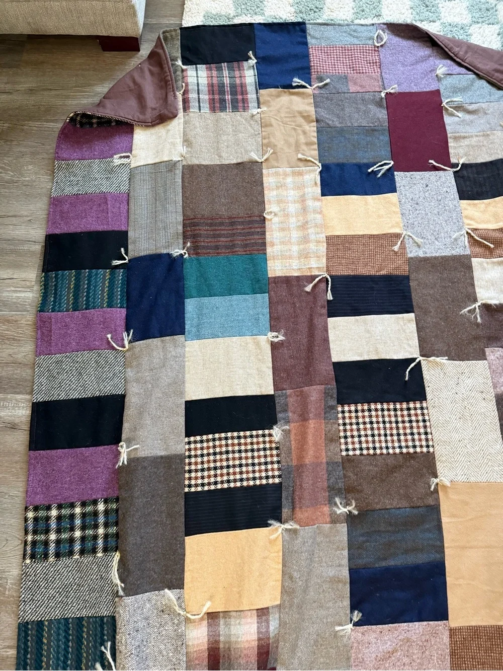 Vintage Wool Patchwork Crazy Quilt Hand Stitched Patchwork King Size 100 x 70
